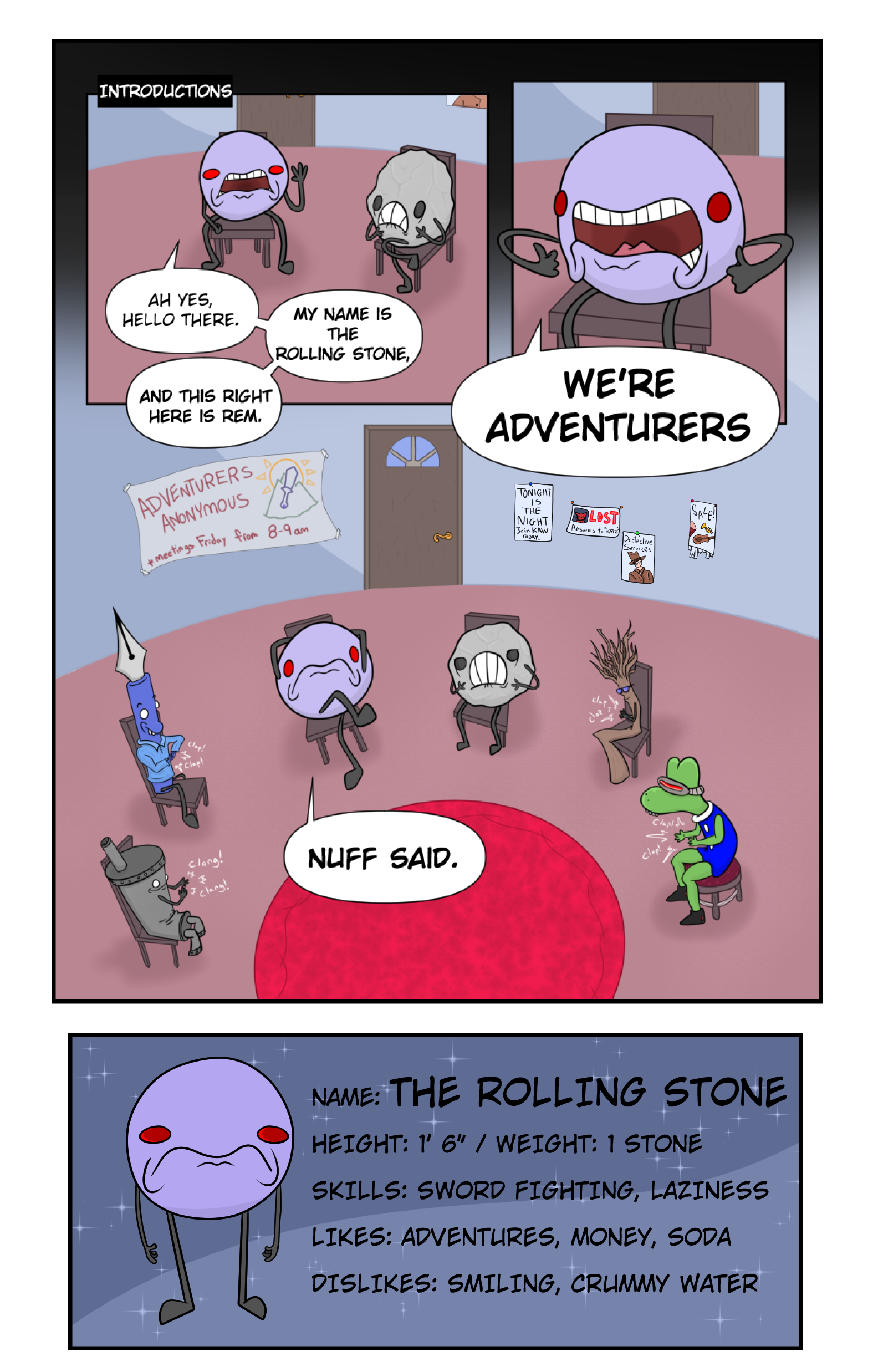 Two rocks at an AA meeting (Adventurers Anonymous